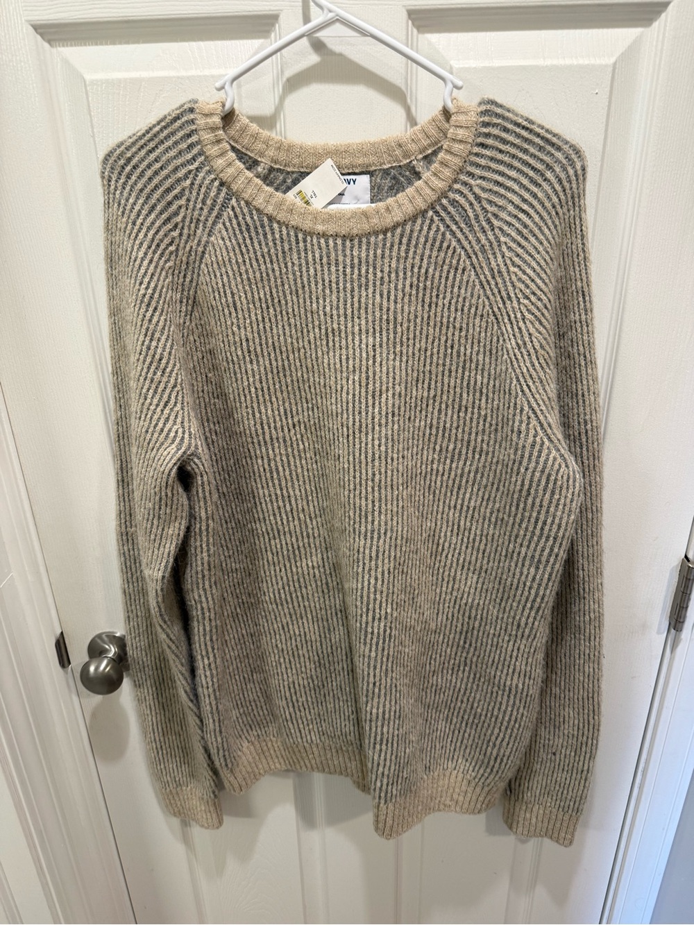 Old Navy Striped Ribbed Crewneck Sweater in Beige and Gray